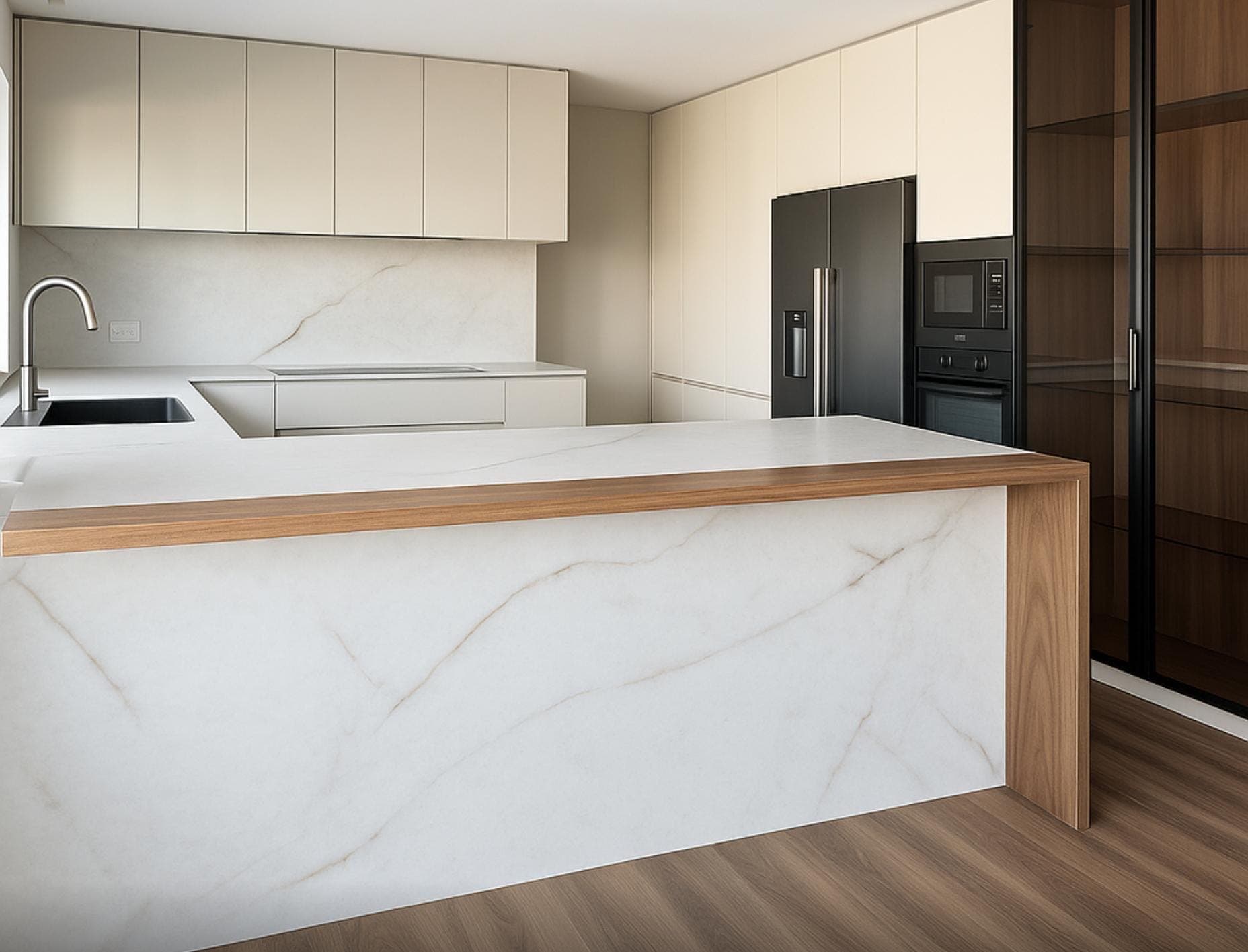 Cozinha creme com ilha em mármore em cascata e armário-vitrine em madeira